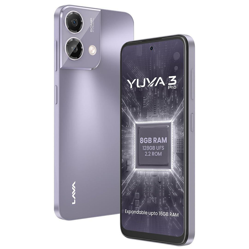 Lava Yuva3 Pro (Meadow Purple, 8GB RAM, UFS 2.2 128GB Storage) |AG Glass Back|T616 Octacore Processor|18W Fast Charging|6.5 inch 90Hz Punch Hole Display|50MP AI Dual Camera|Upto 16GB Expandable RAM - Triveni World