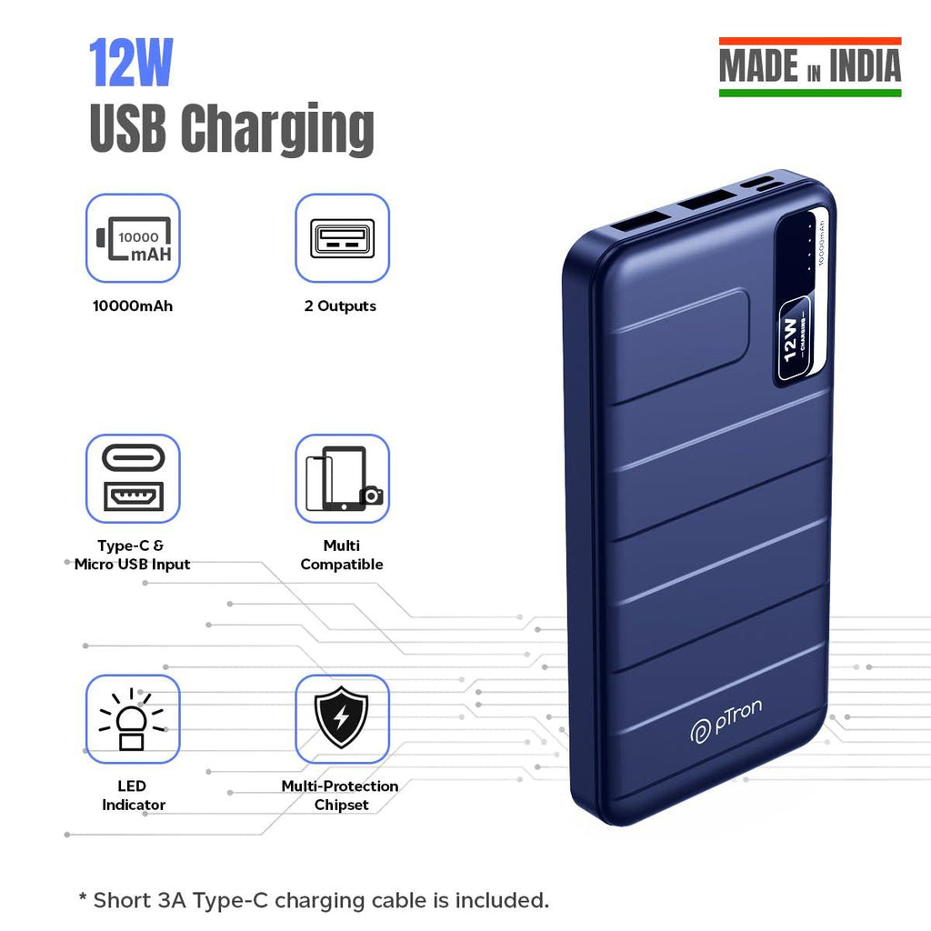 pTron Dynamo Nitro 10000mAh 12W Power Bank, Dual USB Charging Ports, 2 Input Ports Type-C & Micro USB, Made in India, Multiple Layers of Protection & BIS Certified (Blue)