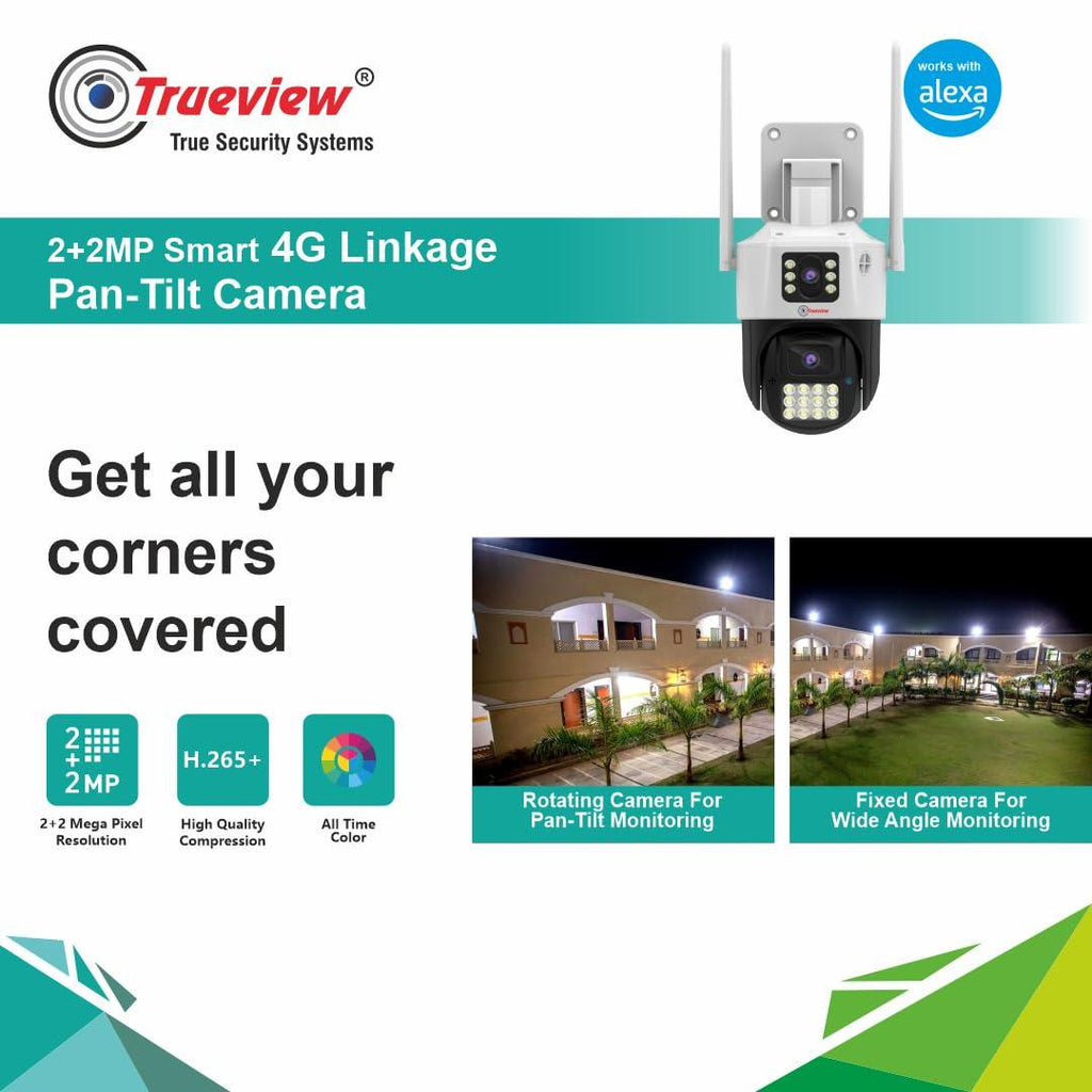 Trueview Smart 4G Linkage 2Mp+2Mp Pan-Tilt Zoom CCTV Camera, Outdoor Indoor Security Camera, Water Proof, 2 Way Talk, Cloud Storage, Motion Detect, Supports SD Card Up to 256 GB, Night Vision