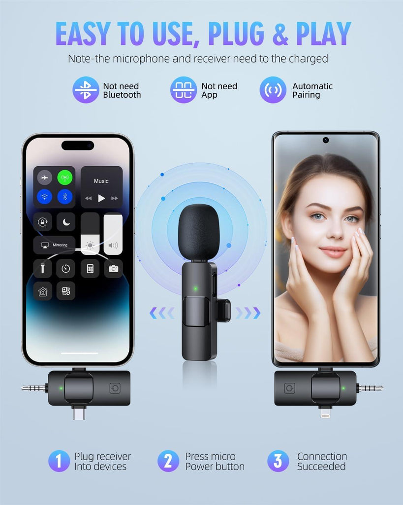 PQRQP 3 in 1 Wireless Collar Microphone for Youtubers, iPhone, iPad, Android, Camera, Noise Reduction Collar Mic Wireless for Mobile Recording, Wireless Mic for Vlogging,Video Recording, Tiktok