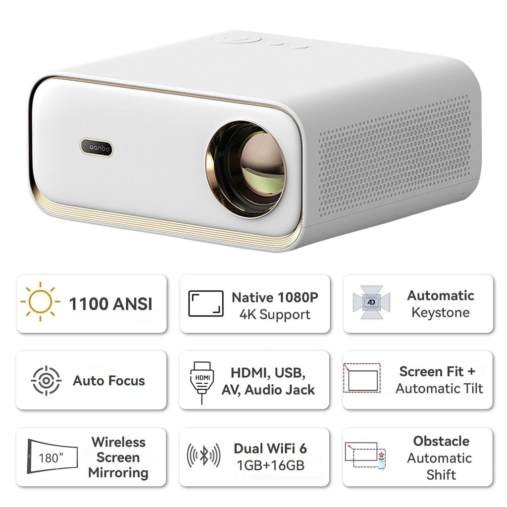 WANBO X5 Full HD Native 1080P 4K HDR, 1100 ANSI | Projector for Home Android 9.0 Quad Core CPU (1GB +16GB) | Fully Automatic | 10W Speaker | WiFi 6, Dual BT (in-Out) | HDMI ARC | Outdoor Cinema