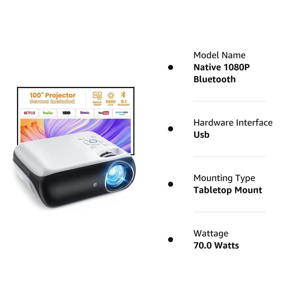 HAPPRUN Projector, Native 1080P Bluetooth Projector with 100''Screen, 9500L Portable Outdoor Movie Projector Compatible with Smartphone, HDMI,USB,AV,Fire Stick, PS5