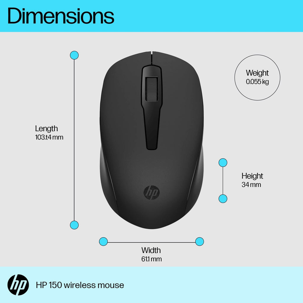 HP 150 Wireless Mouse,1600 DPI, 10 m Range, 2.4 GHz USB dongle for Instant connectivity, Ambidextrous, Ergonomic Design, Rubber Grip for All Day Comfort, 12 Month Battery, 3 Years Warranty