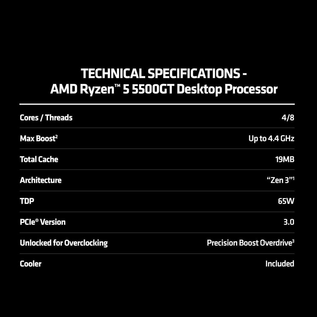 AMD Ryzen 5 5500GT Desktop Processor with Integrated Radeon Graphics 7, 6 cores 12 Threads 16MB Cache Base Clock 3.6 GHz Up to 4.4 GHz AM4 Socket system memory DDR4 Up to 3200 MT/s - 100-100001489BOX