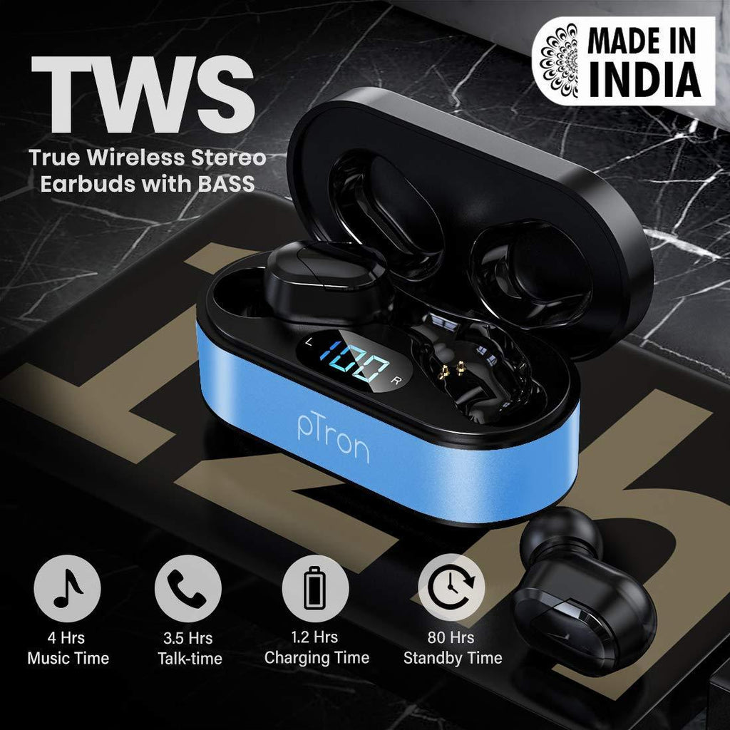 pTron Bassbuds Plus in Ear True Wireless Stereo Earbuds with Mic, Deep Bass Bluetooth Headphones, Voice Assistance, IPX4 Sweat & Water Resistant TWS, 12Hrs Battery & Fast Charge (Blue & Black) - Triveni World