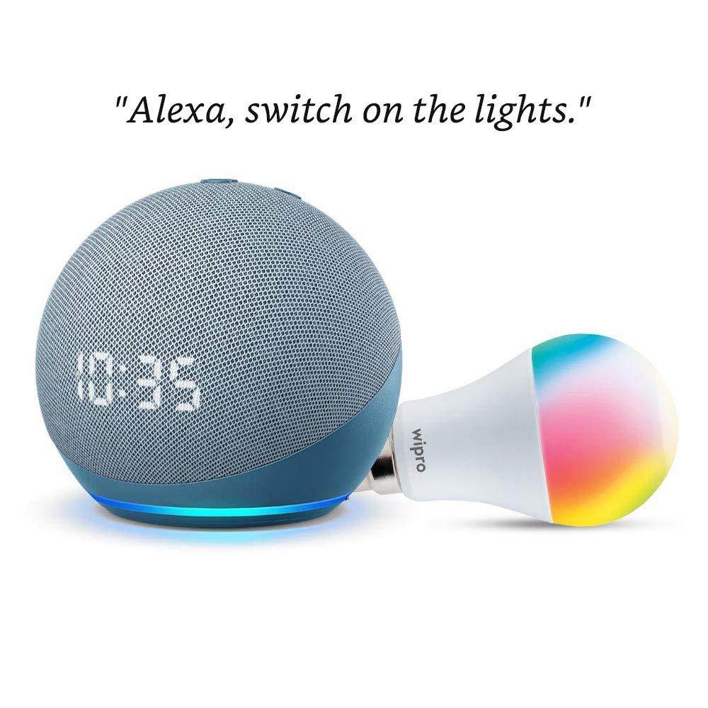 Amazon Echo Dot (4th Gen, Blue) with clock Combo with Wipro 12W LED Smart Color Bulb