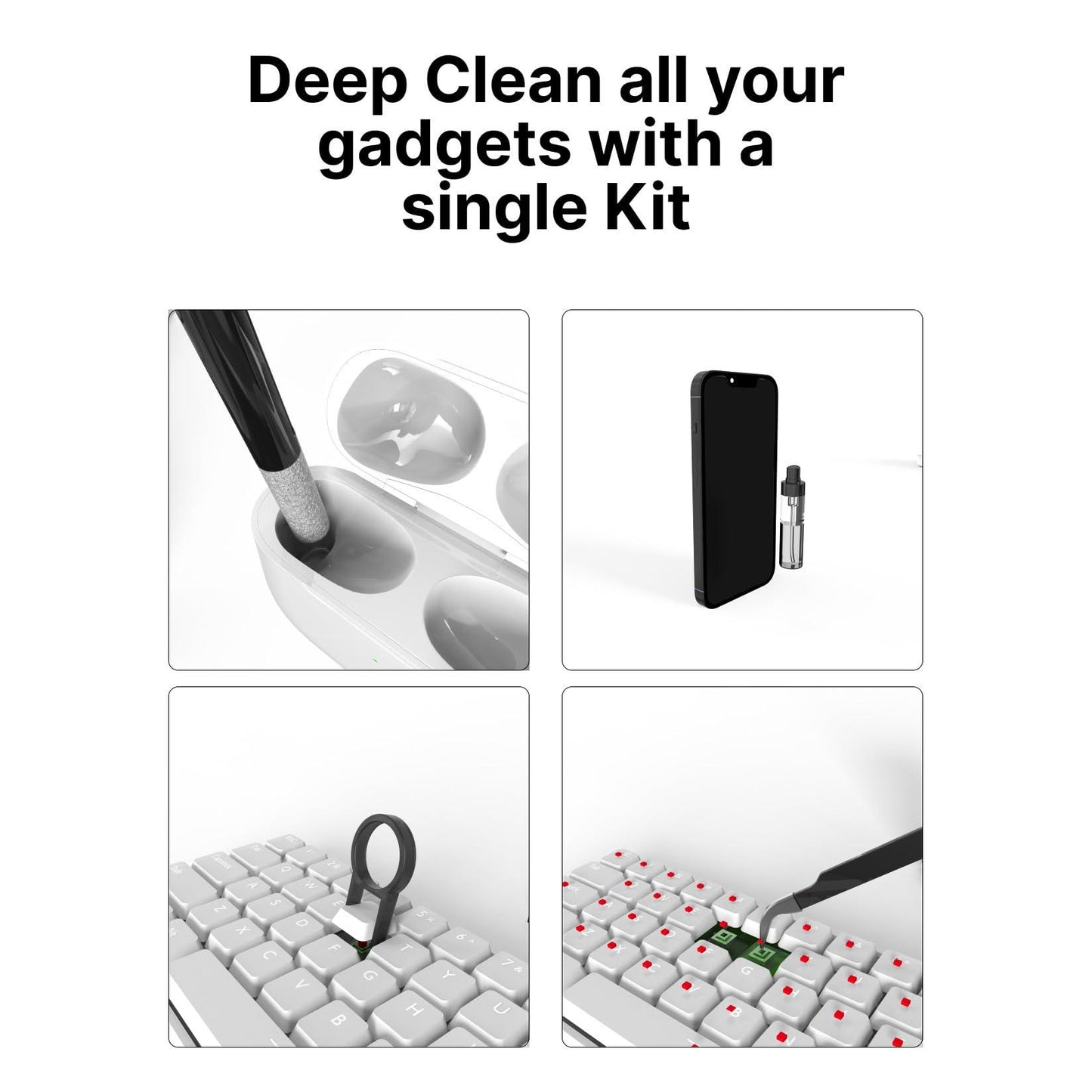 Amazon Basics 19-in-1 Cleaning Kit for Phones, Camera, Gaming Keyboards, Laptops and Earbuds | Built-in Mobile Holder and Card Remover (White)