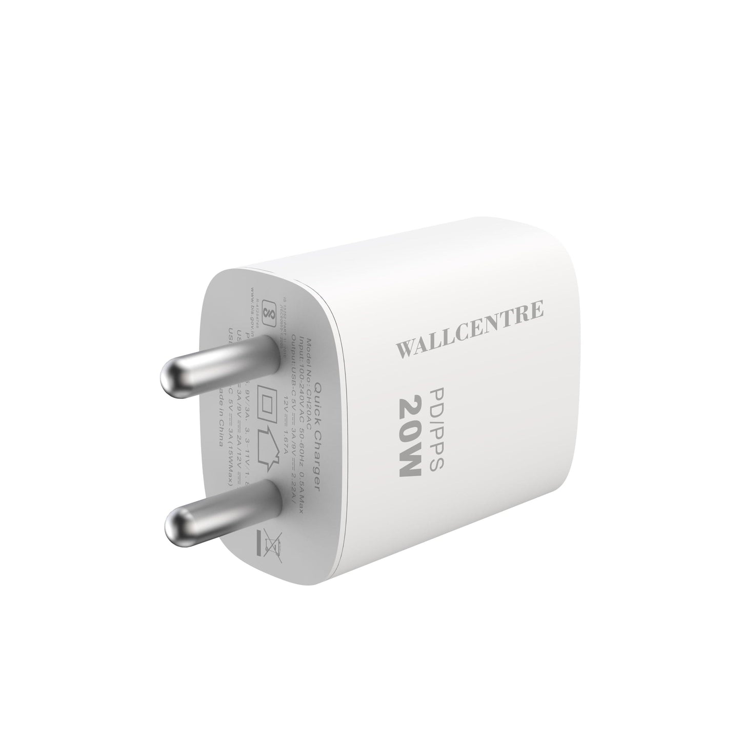 WALLCENTRE 20W Fast Charger Adapter | PD/QC Compatible with Android & iOS Devices | Type-C PD Power Adapter | Lightweight & Portable Design | Fast Charging Type-C Charger | White