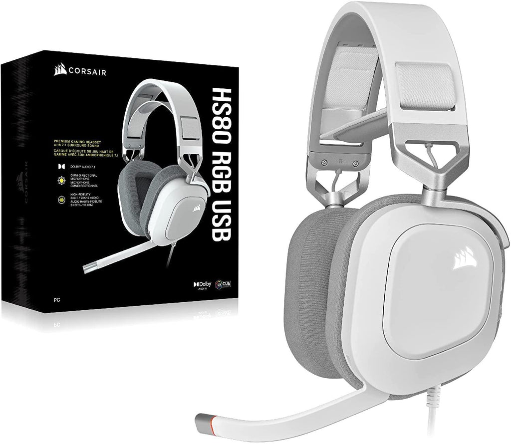 Corsair HS80 RGB USB Premium Gaming Wired On Ear Headset with Dolby Audio 7.1 Surround Sound (Broadcast-Grade Omni-Directional Microphone, Memory Foam Earpads, High-Fidelity Sound) White