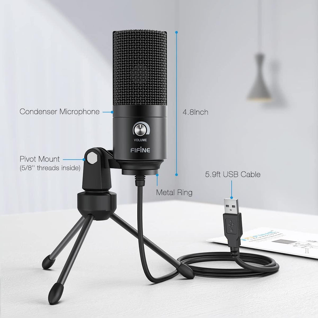 FIFINE K669B Metal USB Microphone Condenser for Recording on Windows or Windows PC & Laptops, Cardioid Studio for Voice Recording, Input Volume Control Knob, Streaming and YouTube Videos