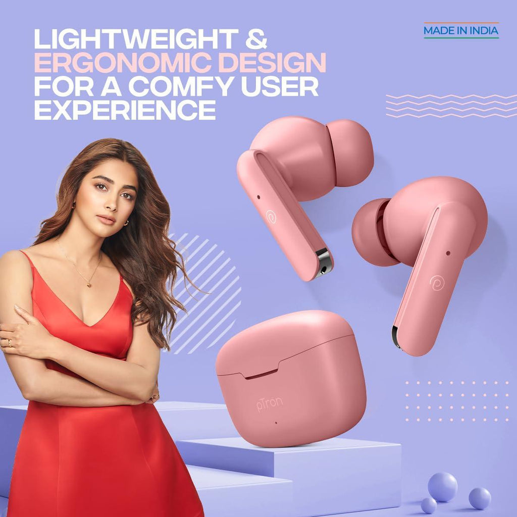 pTron Bassbuds Duo In-Ear Wireless Earbuds, Immersive Sound, 32Hrs Playtime, Clear Calls TWS Earbuds, Bluetooth V5.1 Headphone,Type-C Fast Charging, Voice Assist & IPX4 Water Resistant (Flamingo Pink) - Triveni World