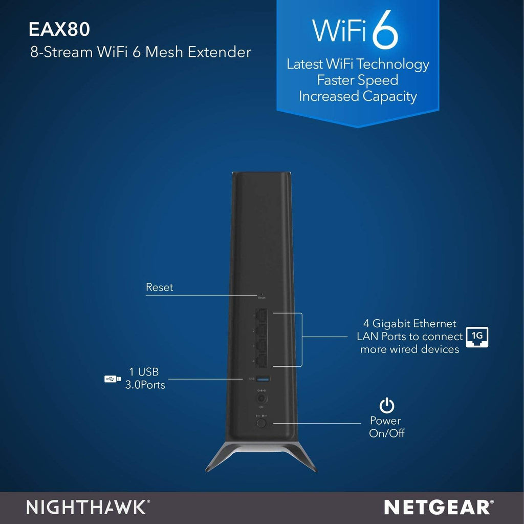 NETGEAR Nighthawk WiFi 6 Mesh Range Extender EAX80 - Add up to 2,500 sq. ft. and 30+ devices with AX6000 Dual-Band Wireless Signal Booster & Repeater (up to 6Gbps speed), plus Smart Roaming Extender