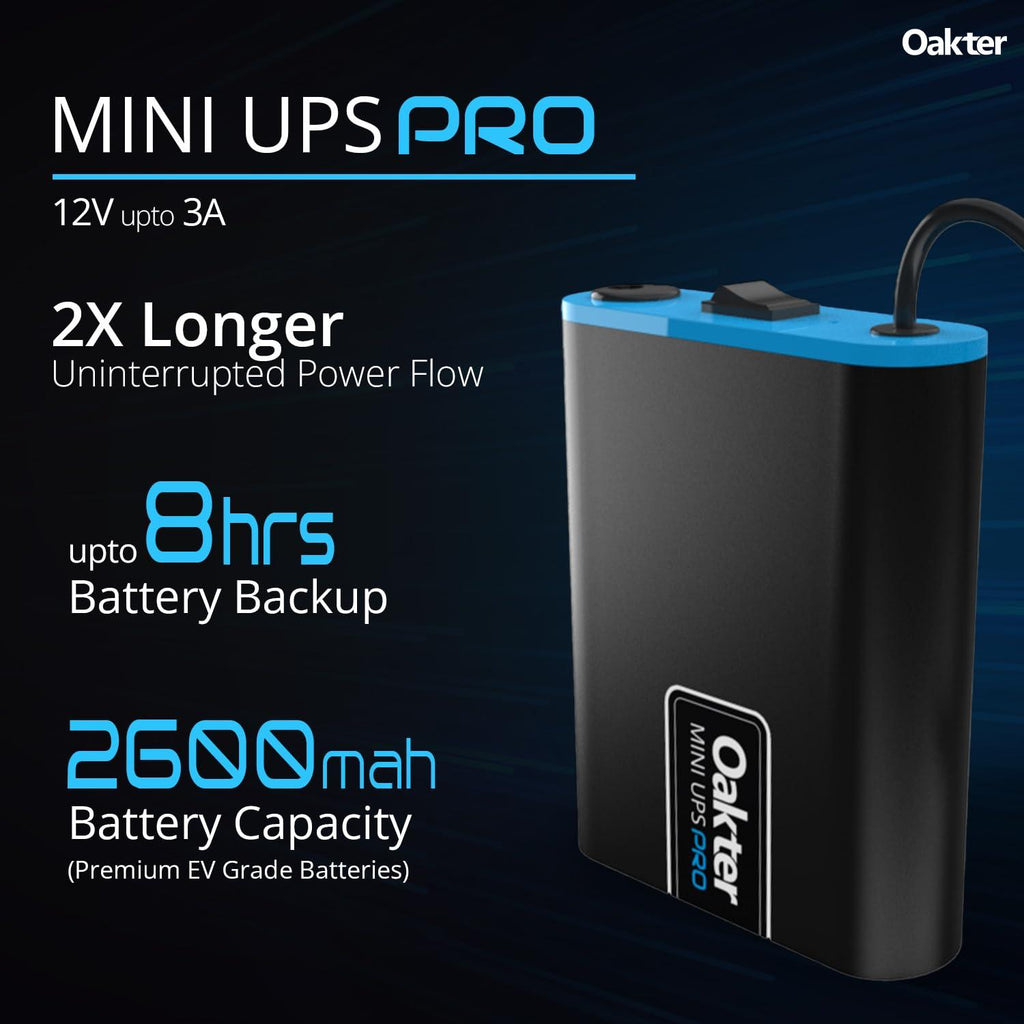 Oakter Mini UPS PRO for High Capacity WiFi Routers 12V & Upto 3A | Power Backup Upto 8 Hours | Supports Jio, Airtel & Other Routers | 12 Months Warranty | Current Surge & Deep Discharge Protection |