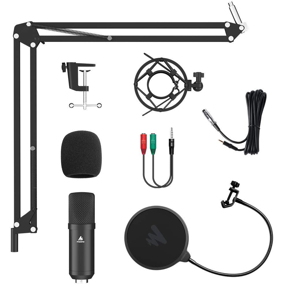 MAONO AU-A03 Condenser Microphone Kit Podcast Mic with Boom Arm Microphone Stand (Black)