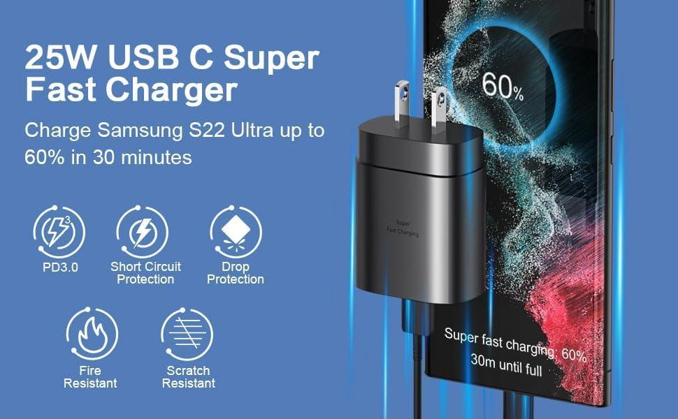 25W Type-C Charger with Cable Compatible with Samsung Galaxy S/A/M/F/Z Series | Super Fast Charger Cable for S24 Ultra/S23/S22/S21/21 fe/S20/M14 5G/M34/M54/M53 5g/M33/M13/A34/A54