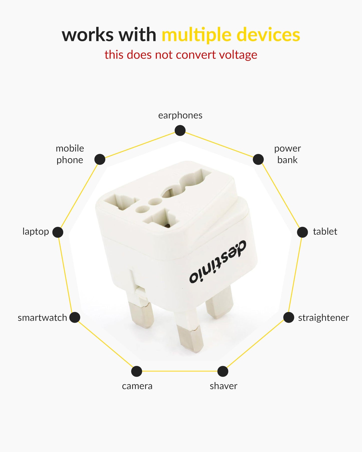 Destinio India to UK Adapter Plug - Type G Plug Adapter, India to UAE, Dubai, Hong Kong - UK Adapter for Indian Pin - CE Certified UK Travel Adapter for Laptop, Camera, Chargers (White, 3 Pack)