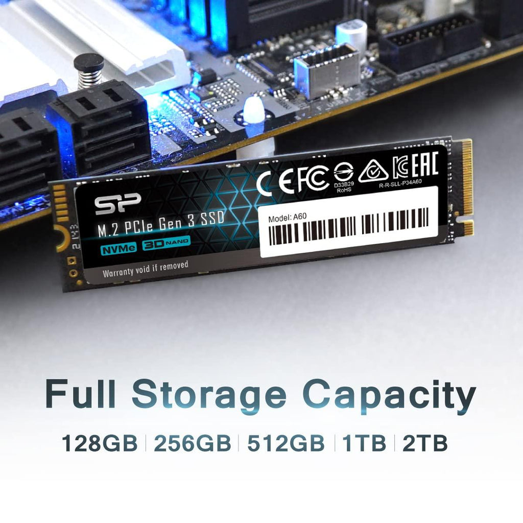 SP Silicon Power P34A60 256GB NVMe PCIe M.2 SSD, 3D NAND with SLC Cache, Up to 2200MB/s, M.2 2280 Internal Solid State Drive for Desktop Laptop PC Computer, pci_Express_x4