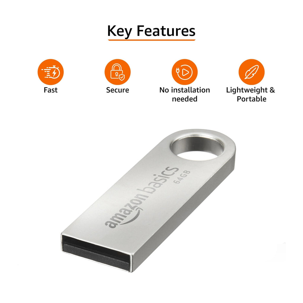 Amazon Basics 64 GB Flash Drive | USB 3.0 | Upto 150 MB/s | Silver