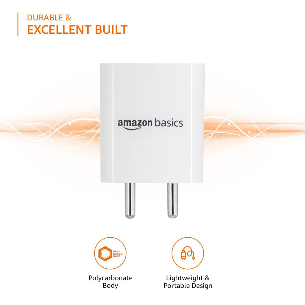 Amazon Basics 24 Watts Phone Charger for Type C Adapter with Charging Without Cable Easy to Carry Dual Output (White)