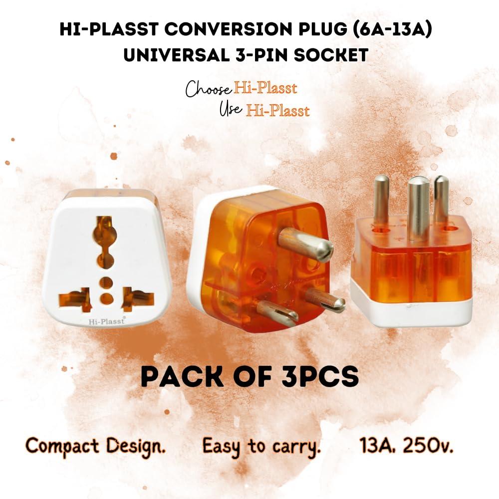 Hi-PLASST 3pin Plug Type D Adapter (Pack of 3) // World (USA, UK, Canada, Europe) to India Travel Adapter with Universal Socket Three Pin Converter // Perfect for Laptop, Camera, Charger