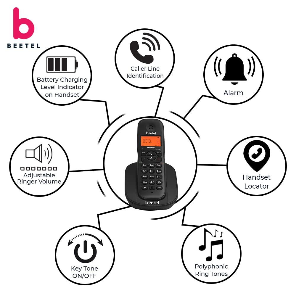 Beetel X73 Cordless 2.4Ghz Landline Phone with Caller ID Display, 2-Way Speaker Phone with Volume Controls, Auto Answer, Alarm Function, Stylish Design (Black)(X73)