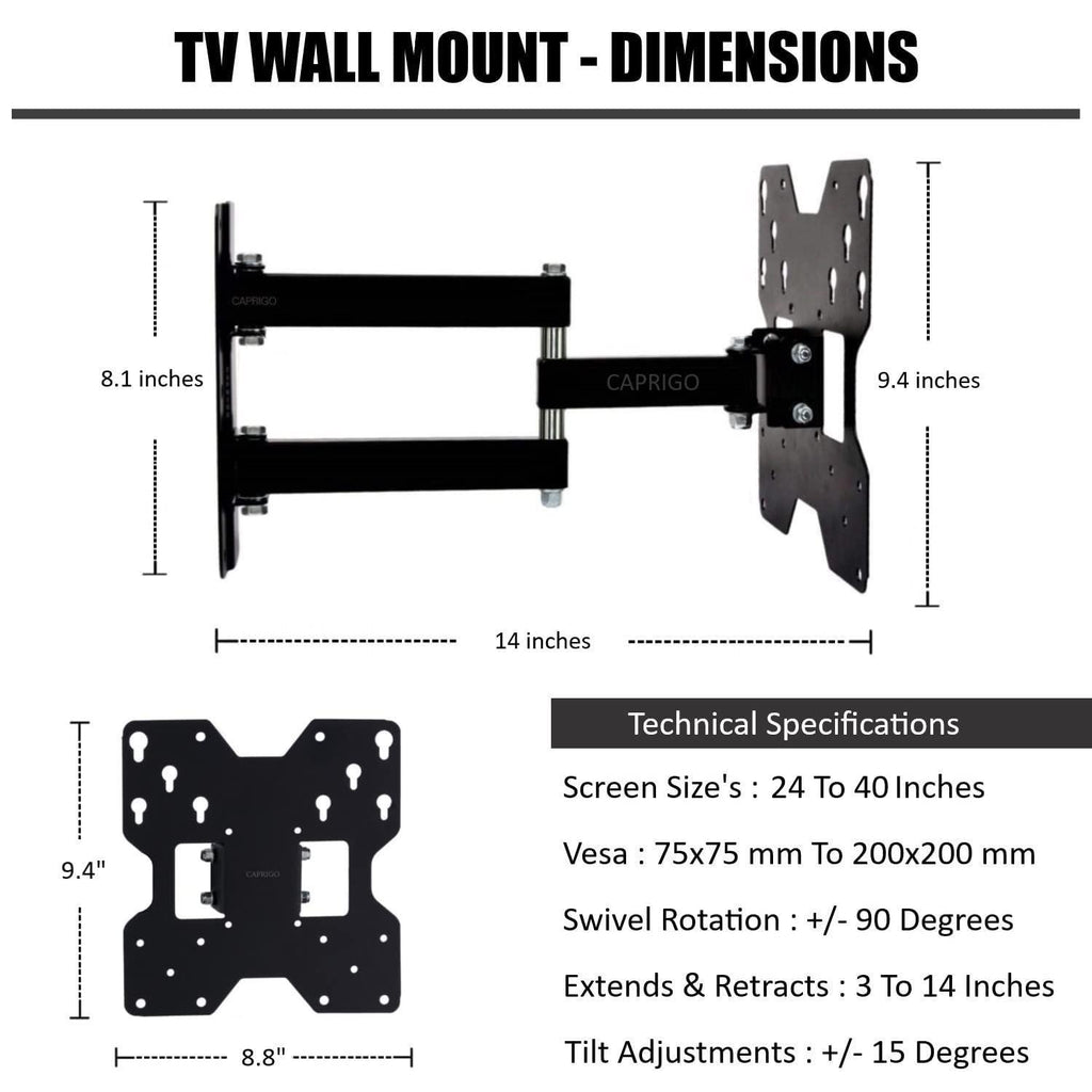 Caprigo Super Heavy Duty TV Wall Mount Bracket for 23 to 40 Inch LED/HD/Smart TV’s, Full Motion Rotatable Universal TV Wall Mount Stand with Swivel & Tilt Adjustments (M223)