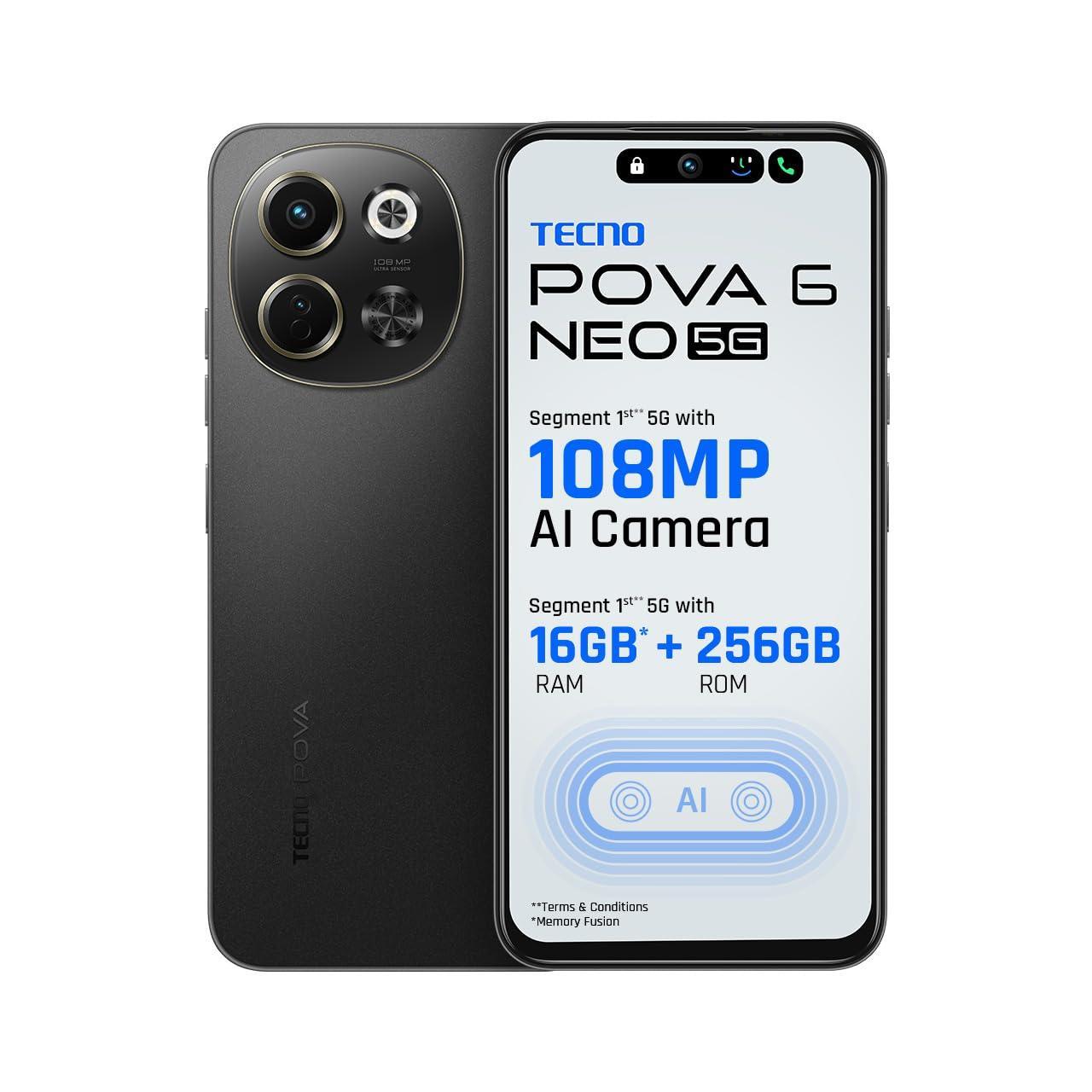 TECNO POVA 6 NEO 5G (Midnight Shadow, 8GB+256GB) | Advanced AI Features | 108MP Ultra Clear AI Camera | D6300 Powerful Processor | 5 Year Lag Free Fluency | 5000 mAh Battery | InBuilt Infrared and NFC