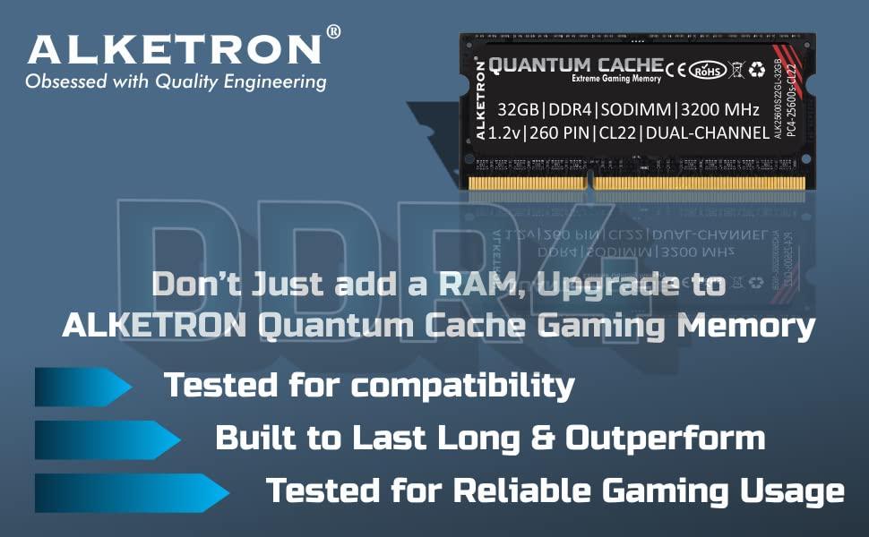 ALKETRON Quantum Cache Series Extreme Gaming Memory - 8GB DDR4 RAM 3200MHz CL22 SODIMM PC4 25600s for laptops and notebooks - 3 Year Replacement Warranty