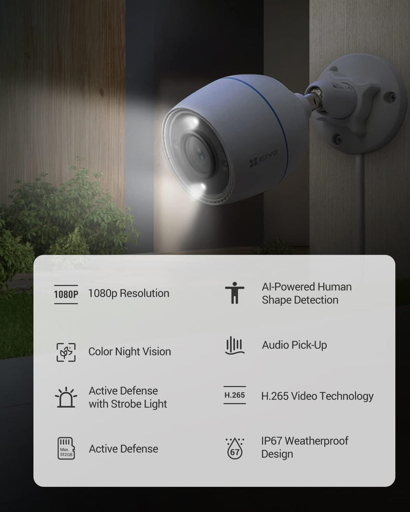 EZVIZ by Hikvision|Wi-Fi Smart Outdoor Bullet Camera|1080p Resolution|Color Night Vision|Weatherproof Design|Active Defense with Strobe Light|Upto 512GB Support|H3C Color, White