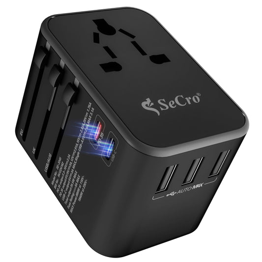 SeCro Universal Travel Adapter, Fast Charging (35.5W) Upgraded All-in-One International Travel Adapter with Pd & QC 3.0 Dual USB-C Power - 3 USB Ports, Worldwide Wall Charger for USA EU UK AUS