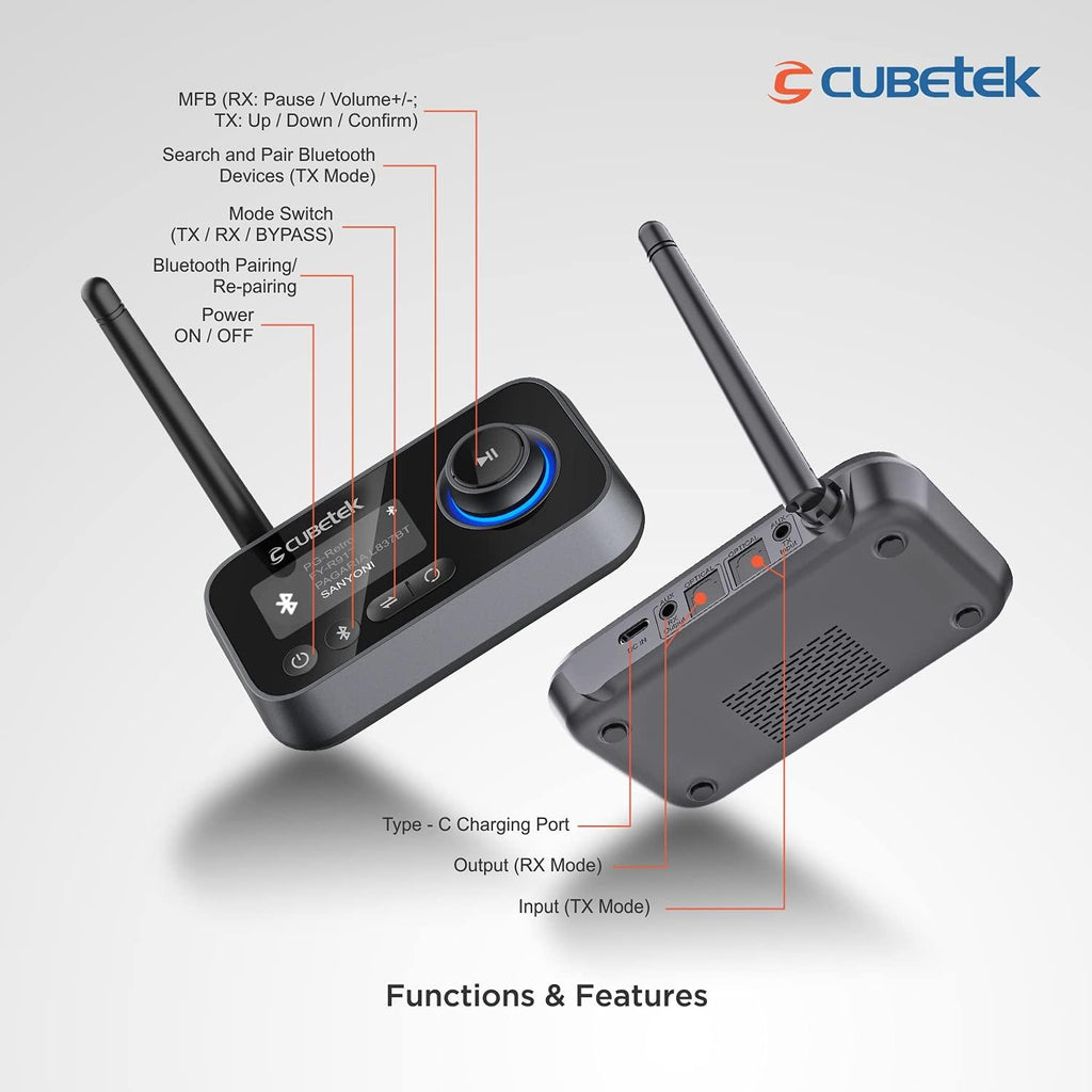 Cubetek 3 in 1 LCD Display V5.0 Bluetooth Transmitter Receiver, Bypass Audio Adapter with Aux, Optical, Dual Link Support for TV, Home Stereo, PC, Headphones, Speakers, Model: CB-BT27