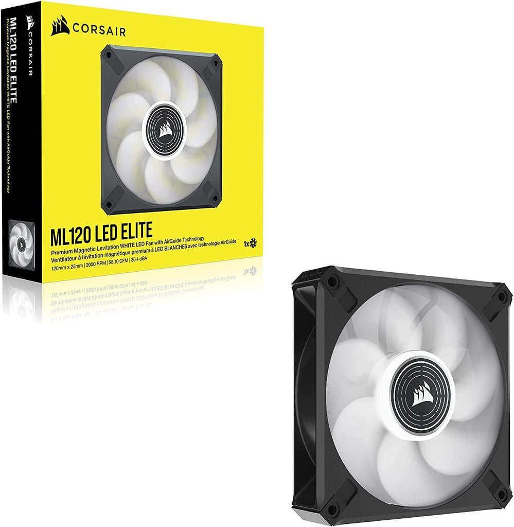 CORSAIR ML120 LED Elite, 120mm Magnetic Levitation White LED Fan with AirGuide, Single Pack, Black