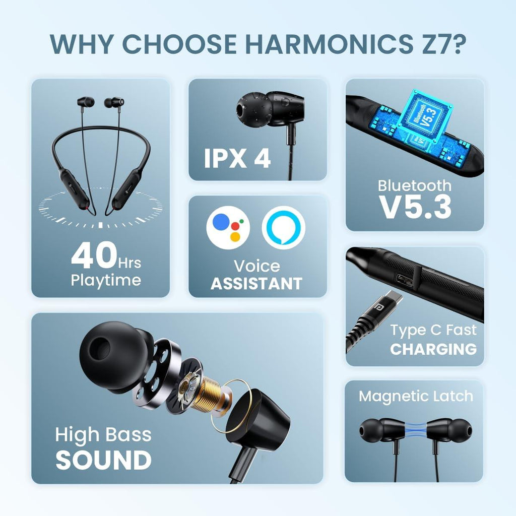 Portronics Harmonics Z7 Bluetooth Wireless in Ear Earphones with Upto 40 Hours Playback, 10mm Dynamic Driver, Gaming Mode, High Bass, IPX4 Water and Sweat Resistant, Type C Fast Charging(Black)