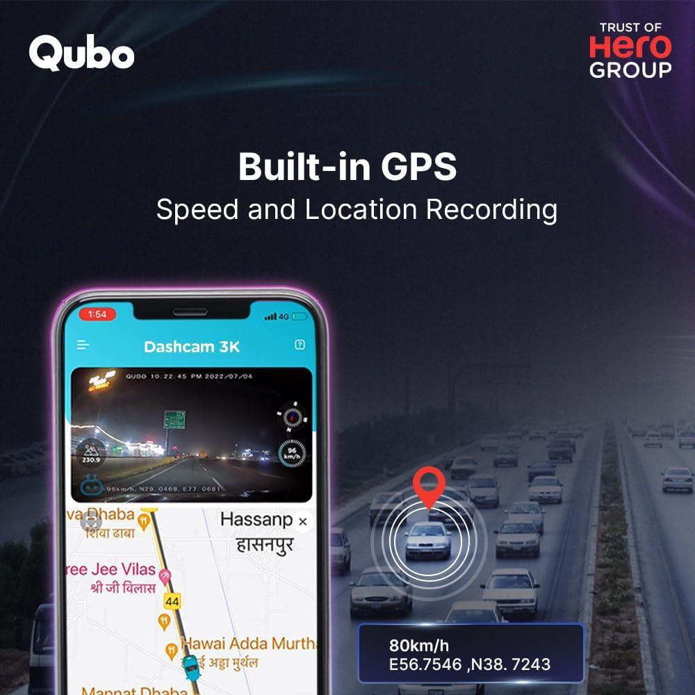 Qubo Car DashCam Pro 3K from Hero Group, 5MP 3K QHD Resolution, Sony IMX335 Sensor, 140° View, 3.2" LCD Display, GPS Logger, WiFi, Emergency Recording, Made in India, Supports Up to 1 TB SD Card