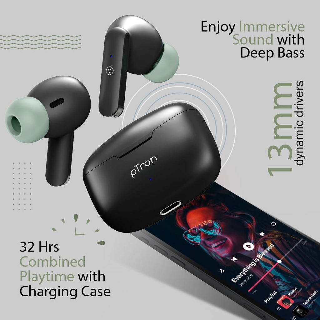 pTron Bassbuds Duo In-Ear Wireless Earbuds, Immersive Sound, 32Hrs Playtime, Clear Calls TWS Earbuds, Bluetooth V5.1 Headphone,Type-C Fast Charging, Voice Assist & IPX4 Water Resistant (Black & Green) - Triveni World