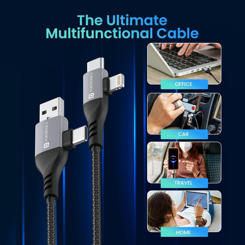 Portronics Konnect 4 IN 1 Unbreakable Nylon Braided Multi Functional Fast Charging Cable with Fast Data Transfer,Compatible with All Type C Android Smartphone & Lighting Device etc.(Black)