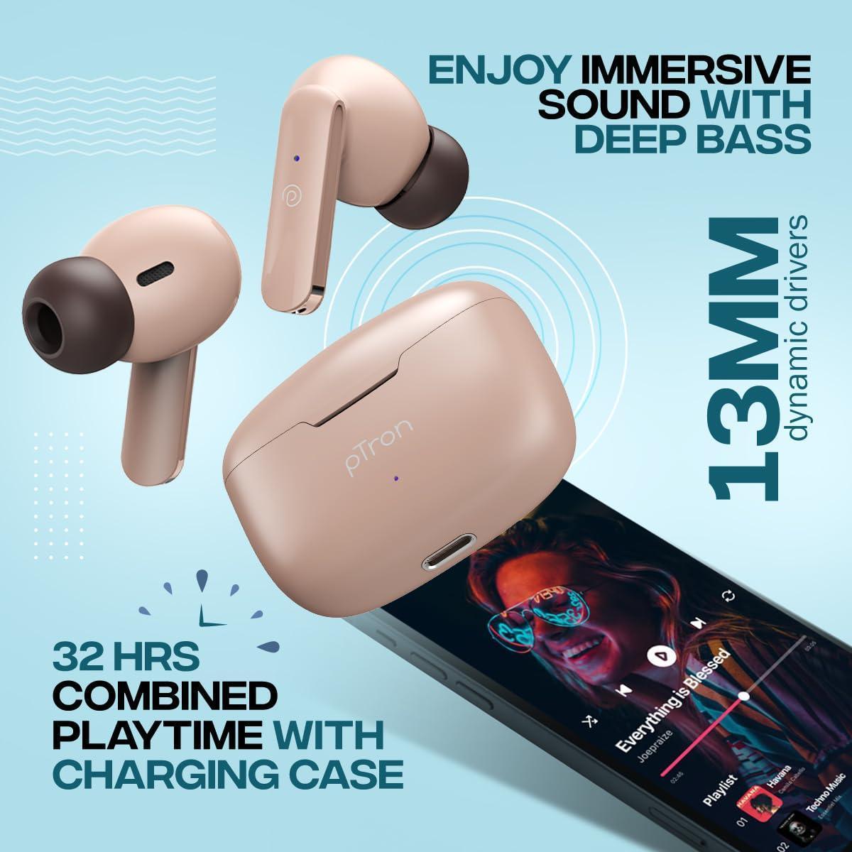 pTron Bassbuds Duo in-Ear Wireless Earbuds with Immersive Sound,32Hrs Playtime,Clear Calls TWS Earbuds,Bluetooth V5.1 Headphone,Type-C Fast Charging,Voice Assistant&Ipx4 Water Resistant (Brown) - Triveni World