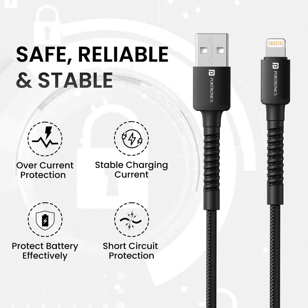 Portronics Konnect X USB to 8 Pin Cable with 3A Output, Fast Charging & Data Transfer, Nylon Braided, Aluminium Alloy Shell, 1M Length compatible with 8 PIN Devices(Black)