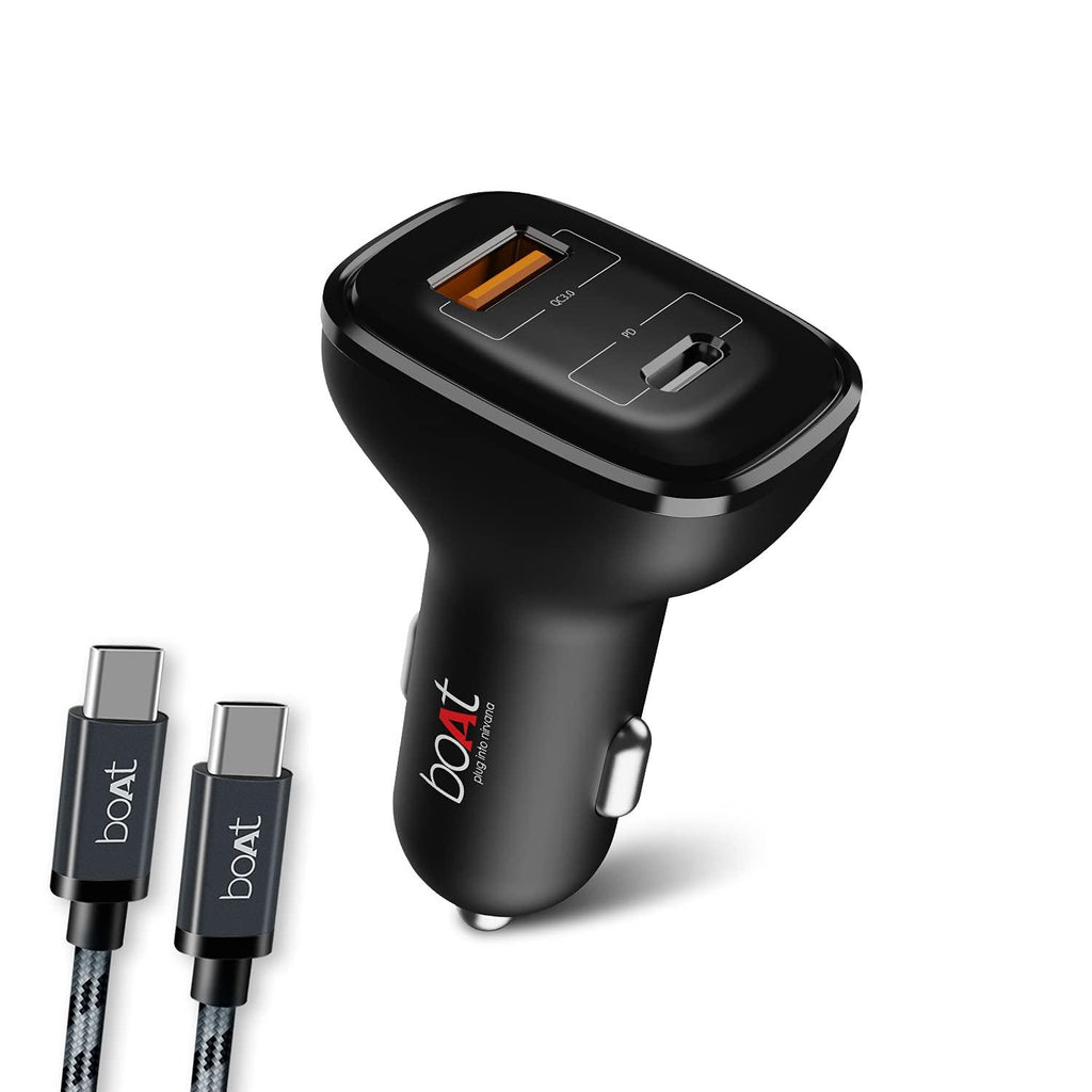 boAt Dual Port Qc-Pd 24W Fast Car Charger with 24W Fast Pd Charging & 18W Qc Charging Compatible with All Smartphones, Tablets & Laptops (Free Type C to Type C Cable), Black