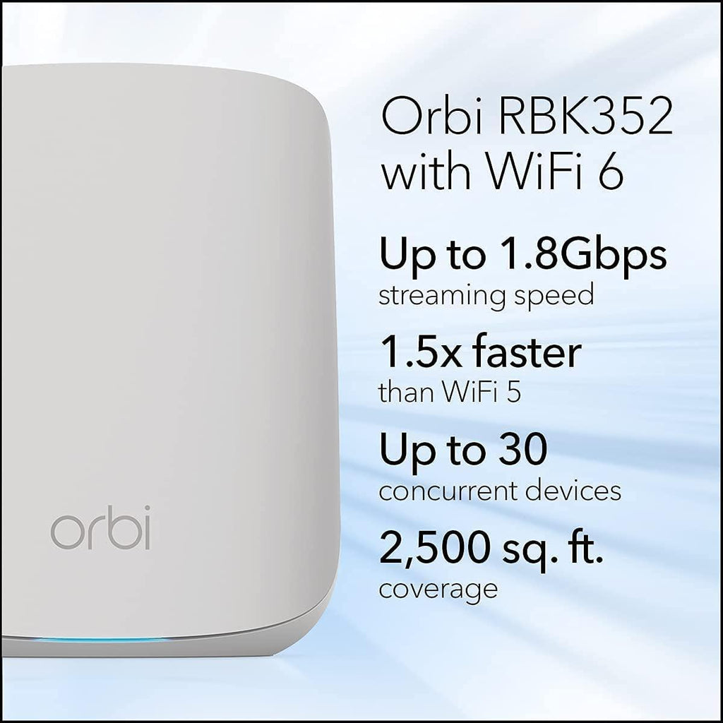 Netgear Orbi Whole Home Dual Band Mesh WiFi 6 System (RBK352) Router with 1 Satellite Extender|Coverage up to 3,000 sq. ft. and 30+ Devices|AX1800 WiFi 6 (Up to 1.8Gbps), White, Medium (RBK352-100EUS)