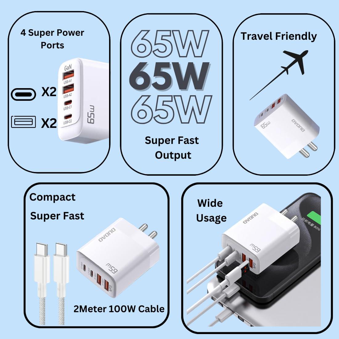 DUDAO A6SID 65W GaN Charger PD QC 4-Port Super Fast Charging Compact,USB Wall Charger with Type-C to Type-C 2M 100W Braided Cable for MacBook Pro/Air, iPad Pro, Galaxy S24, iPhone Series