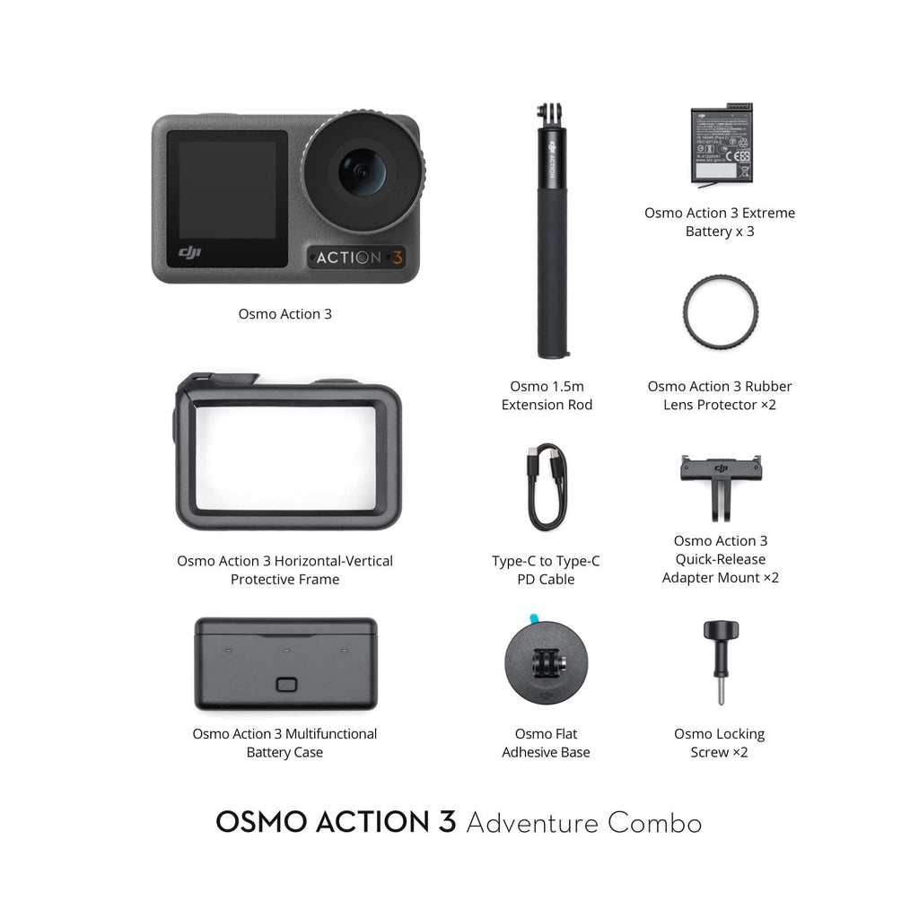 DJI Osmo Action 3 Optical Zoom 4X Adventure Combo - 4K Action Camera, Waterproof, HorizonSteady, Cold Resistant & Long-Lasting, Battery Case, Extension Rod, Vlog Camera for YouTube, Black