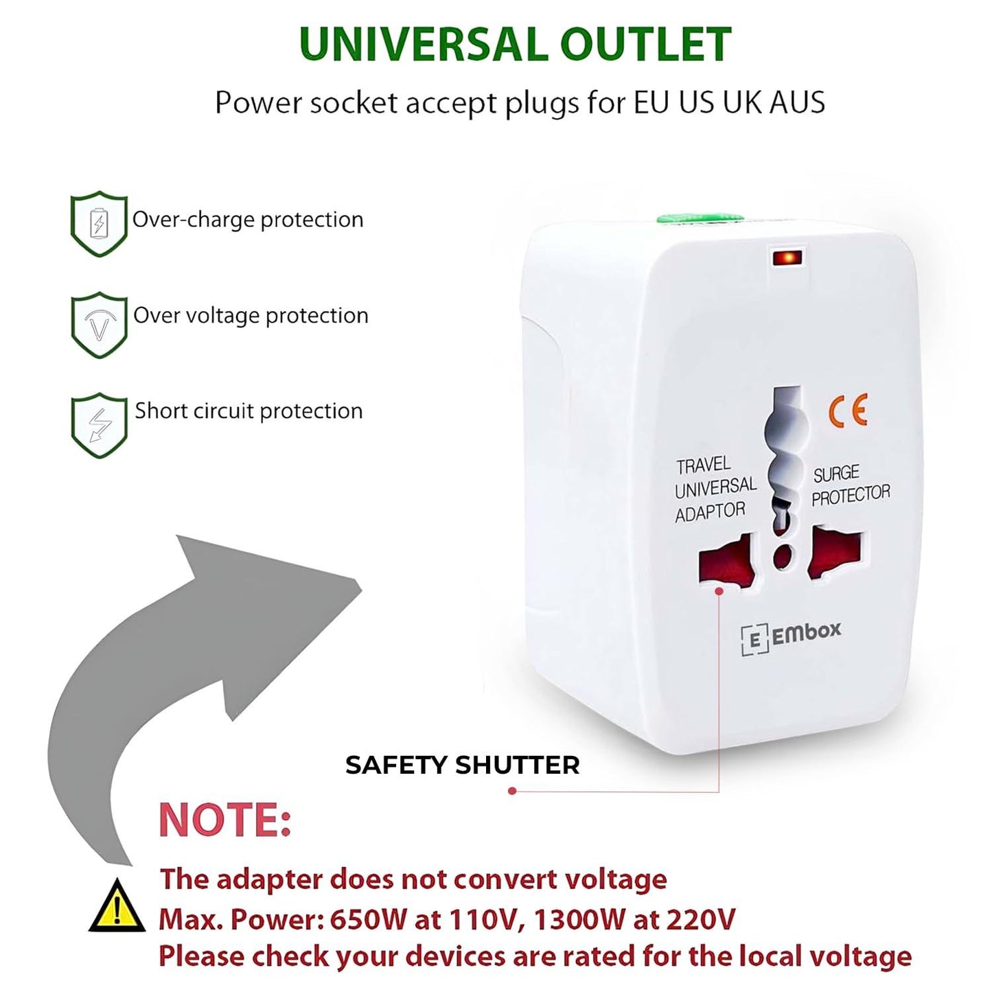 EMBOX Universal Charger Adapter 240 AC Wall Charger 6 A Universal Travel Adapter All in One International Ports for USA EU UK AUS Supports 150+ Countries Smart Phone, Laptops, Cameras, Pack of 1