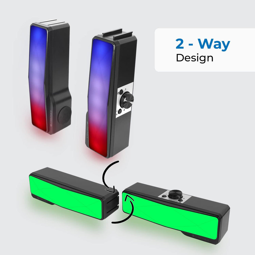 ZEBRONICS Wonder Bar 20 RGB Lights Computer Speaker with Detachable 2 in 1 Design, 10W RMS Output, Volume Control, AUX 3.5mm, USB Powered, 2.0 Stereo, Speaker ON/Off and Mute