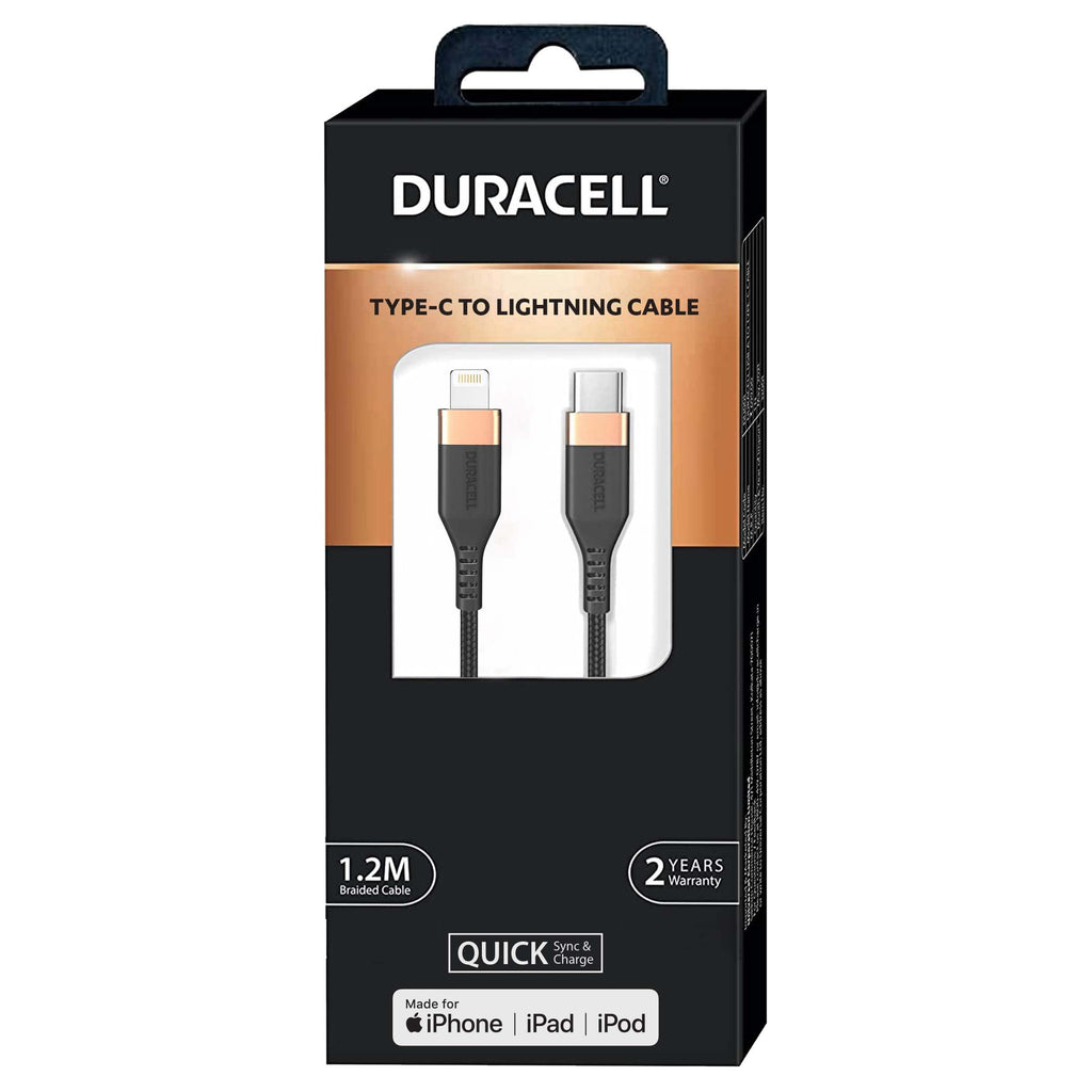 DURACELL USB C To Lightning Apple Certified (Mfi) Braided Sync & Charge Cable For Iphone, Ipad And Ipod. Fast Charging Lightning Cable, 3.9 Feet (1.2M) - Black