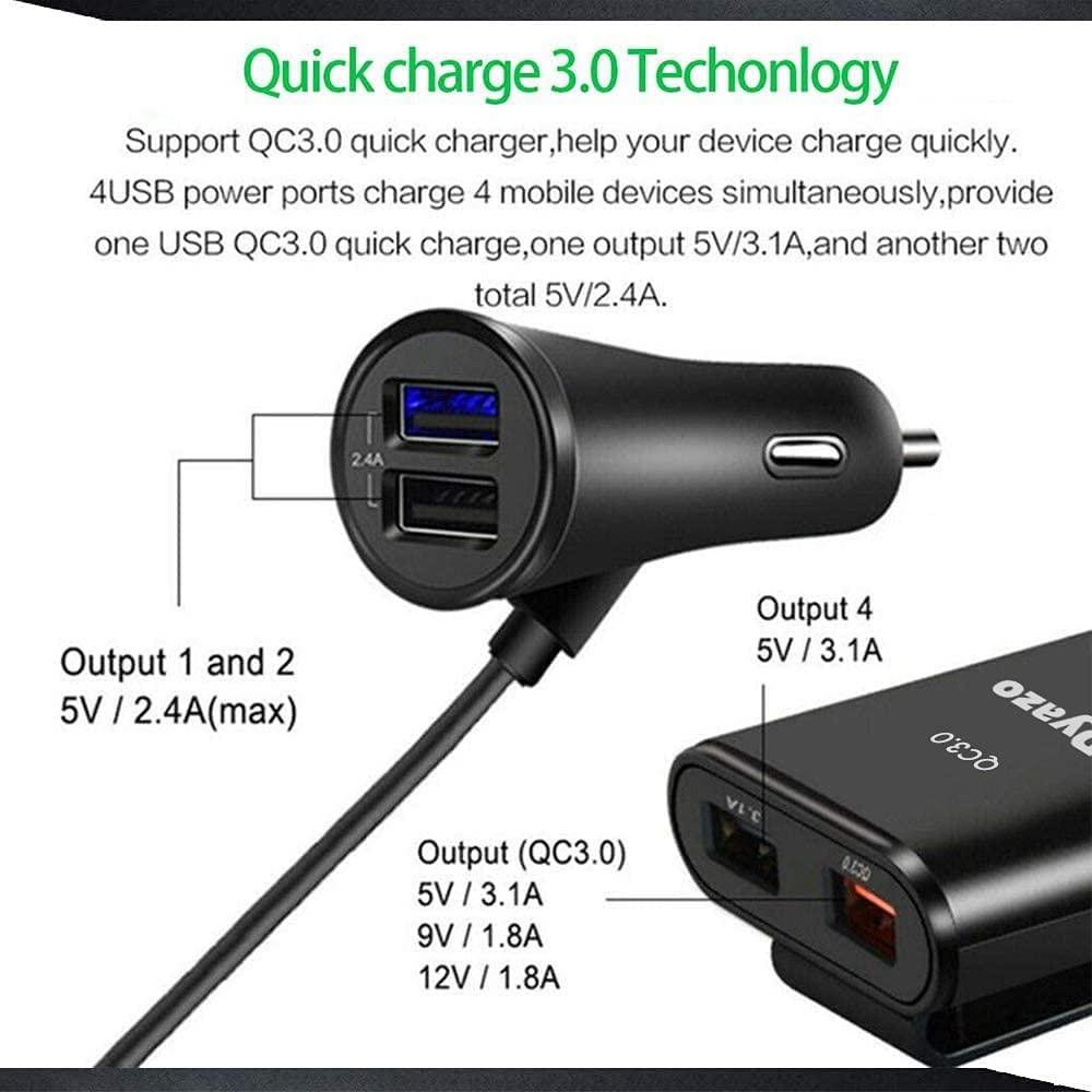 Dyazo QC 12V Fast Car Charger Back Seat Charging 4 USB Ports Compatible for Qualcomm 3.0, Samsung Galaxy, Note, iPhone, Nexus, Vivo, Oppo,Pixel, Mi & Other Mobile Phones with Free Type C Cable - Black