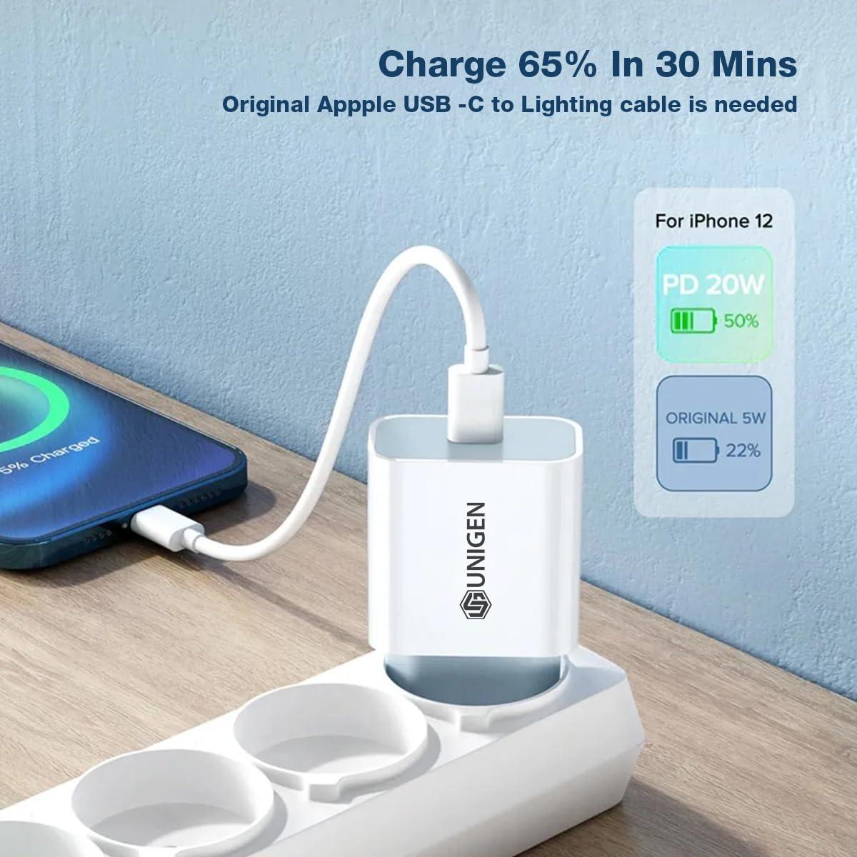 UNIGEN® 20W PD Type-C Adapter Fast Wall Charger Compatible with Android, iPhone 16/15/14/14 Plus/14 Pro/14 Pro Max, iPhone 13/13 Pro/13 Pro Max/13 Mini, 12/12 Mini/12 Pro Max, iPhone 11 BIS Certified