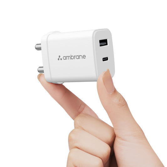 Ambrane 30W Dual Port GaN Charger, USB & Type C Port with QC & PD Technology, Fast Charging Compatible with iPhone, iPad, Google Pixel, Samsung, Redmi, Mi, Oppo and More (Charge 30, White)