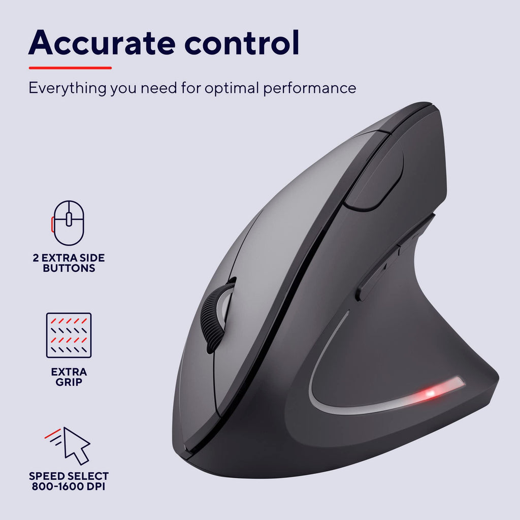 Trust Microware Rechargeable 2.4ghz Wireless Vertical Ergonomic Mouse Optical Mouse 6 Buttons and Portable Office Gaming Cordless Mice with A USB Receiver for Pc Computer Laptop for Right Hand