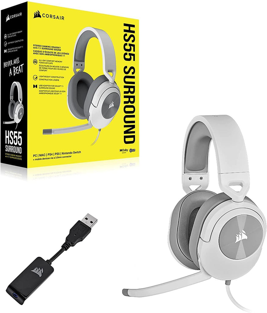 Corsair HS55 Surround Wired Gaming On Ear Headset (Leatherette Memory Foam Ear Pads, Dolby Audio 7.1 Surround Sound on PC and Mac, Lightweight, Omni-Directional Microphone, Multi-Platform) White